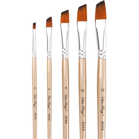 Set mit 5 abgewinkelten Nylonborstenpinseln mit Holzgriffen für Künstler, Kinder, Erwachsene, Anfänger, Acryl-, Öl-, Aquarell-, Gouache-, Nagel-, Körper- und Gesichtsbemalung, Detailmalerei, Bastelarb (1/2)