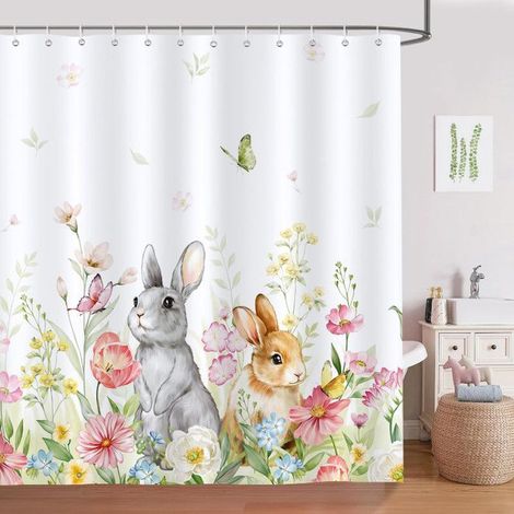 Floral Easter Bunny Shower Curtain, Waterproof & Washable Polyester Fabric, 180 x 180 cm (1/5)