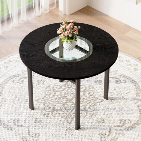 Tavolo da pranzo rotondo moderno e minimalista, diametro 100 cm, piano con venature del legno nere, adatto per 2-4 persone (con inserto in vetro grigio e struttura di supporto in metallo).