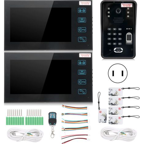 Kit vidéophone 7 pouces avec 2 moniteurs, déverrouillage à distance par empreinte digitale, mot de passe et carte RFID, système de contrôle d'accès sécurisé 100-240V prise US. (1/5)