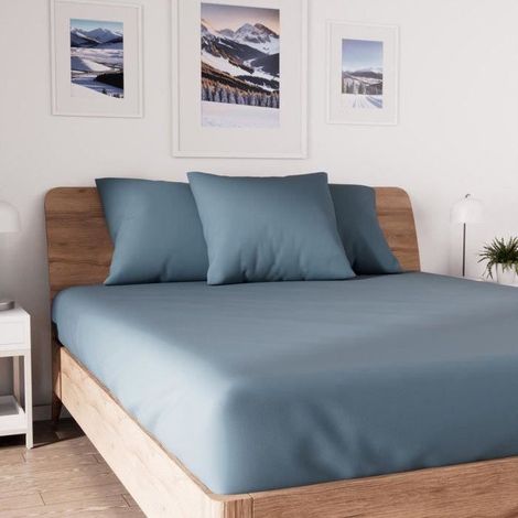 Drap housse en coton 150x200 cm bleu canard - - Extensible - Doux et souple bleu bleu canard (1/4)