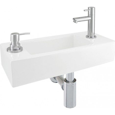 Differnz Sapon kit lave-mains - 42x18.5x9cm - Rectangulaire - 1 trou de robinet - eau froide - Chrome - Céramique Blanche