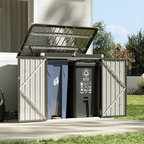 Aoxun Geräteschuppen aus Metall, 150 x 117 x 80 cm, mit Mülltonnenbox für 2 Mülltonnen, wetterfestem Gartenschrank mit Kettenzugdeckel und Gasdruckfeder, zu öffnenden Vorder- und Obertüren, Schwarz (1/5)