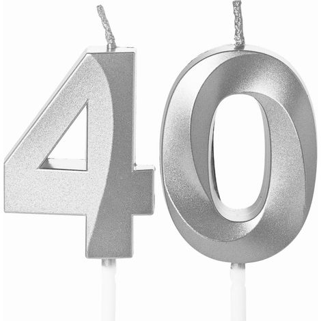 Lot de 40 bougies en forme de chiffre, argentées, décoration de gâteau pour enfant, garçon, anniversaire de mariage (40) (1/5)