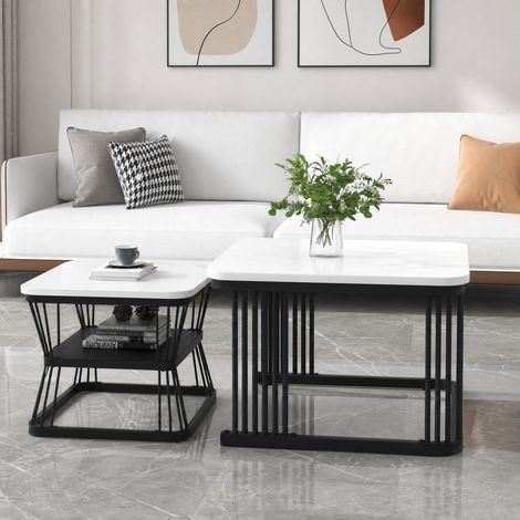 Beistelltisch-Set 2er in Weiß, MDF in Marmoroptik, 65 x 65 x 45 cm und 45 x 45 x 39,5 cm (1/5)