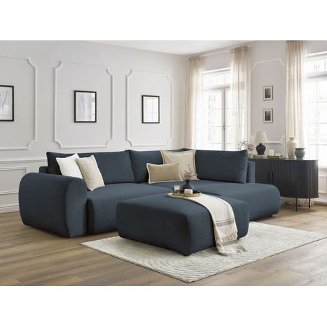 BOBOCHIC - Canapé d'angle L convertible coffre LUCIEN tissu lisse avec pouf Angle droit  Bleu foncé (1/5)