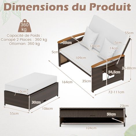 Ensemble canapé-lit 2 places blanc en résine tressée avec dossier réglable et pouf coffre, tables pliantes pour terrasse (1/5)