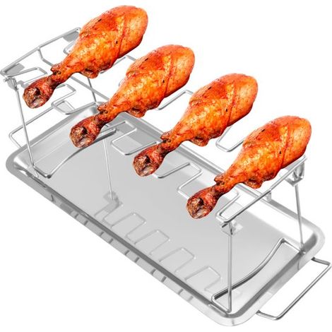 Parrilla para pollo - Soporte para pollo - Barbacoa - Acero inoxidable - 14 secciones para pollo - Plateado (1/5)