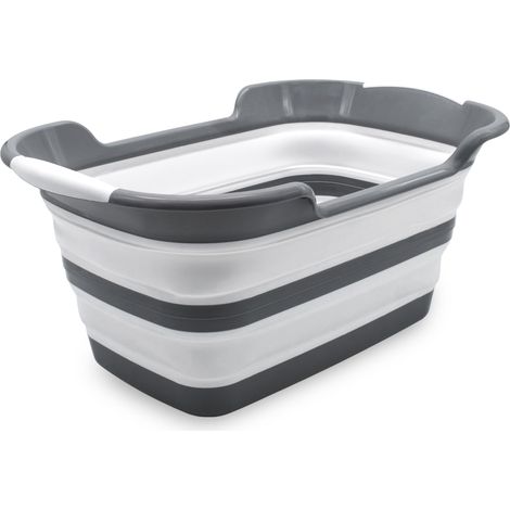 Spetebo – Panier à linge pliable 60 x 40 cm – 27 litres – en plastique blanc-gris – poignées de transport – hauteur plié 6,8 cm