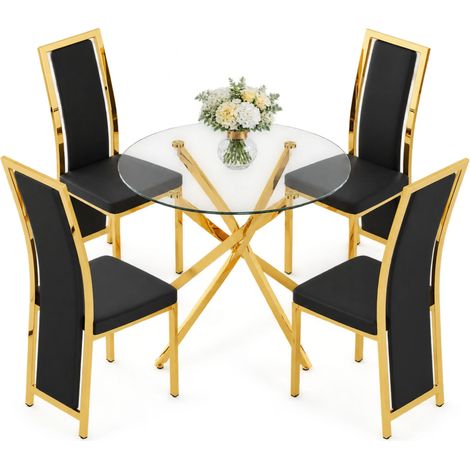 ELVMI Set Tavolo e Sedie con 1 Tavolo e 4 Sedie per Sala da Pranzo, Vetro Temperato, Metallo e PU, Nero e Oro (1/5)