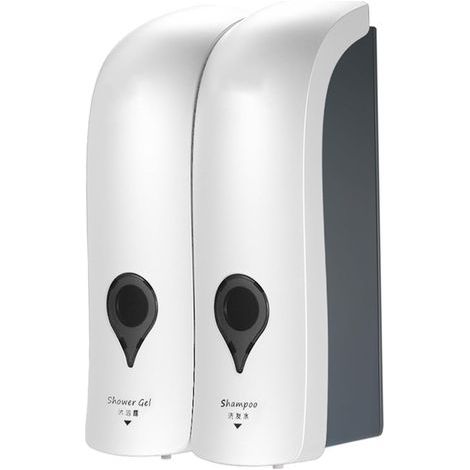 Lot de 2 Distributeurs de Savon Manuel 300 ML, Distributeur de Savon Liquide, Distributeur Mural, sans Perçage à Double Tête, Distributeur de Shampooing, pour Salle de Bain,blanc (1/5)