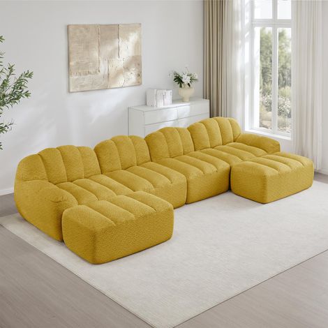 Canapé modulable 4 places en forme de U avec 2 poufs, forme coquillage, structure sans armature en mousse haute densité 32D, assise profonde, idéal pour le salon, tissu doux, jaune (1/5)