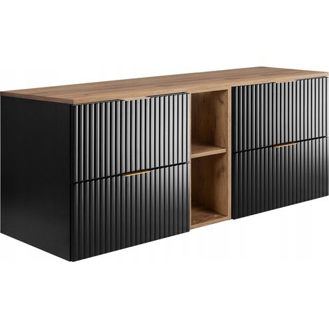 Rodan Waschbeckenunterschrank 140 cm, Schwarz Matt mit brauner Ablage und Waschtischplatte, 46 x 140 x 57 cm, feuchtraumgeeignet