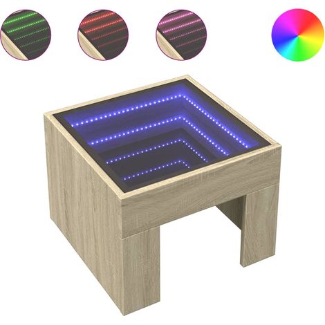 Mesa de centro de salón de diseño moderno con LED 40 x 40 x 30 cm madera de ingeniería color roble y cristal DEC037477