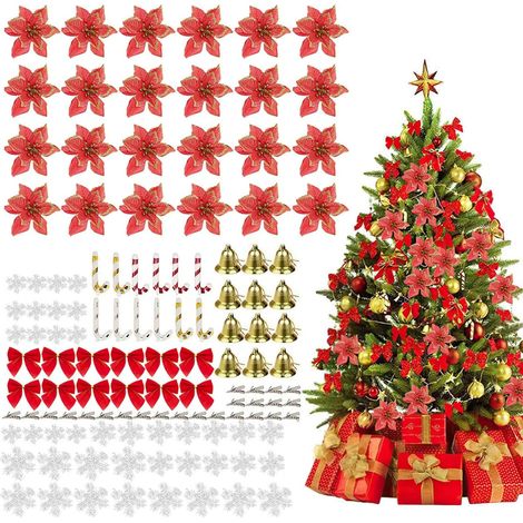 Juego de 120 adornos para árbol de Navidad, que incluye flores brillantes, lazos, campanas, copos de nieve y girasoles, ideales para fiestas y bodas. (1/5)