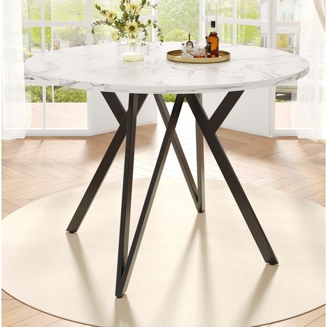 Esstisch 100×100×76 cm aus MDF in schwarzer Marmoroptik, geometrisches Metallgestell. (1/5)