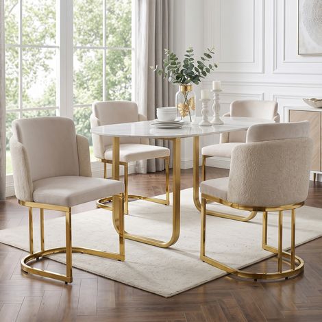 Lot de 4 chaises de salle à manger avec double dossier, tissu chenille beige, pieds en métal doré, style moderne (1/5)