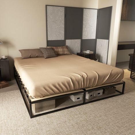 Marco de Cama de 180 cm Estructura de Cama de Acero con Somier de Listones de Madera Contrachapada 180x200x25 cm Negro (1/5)