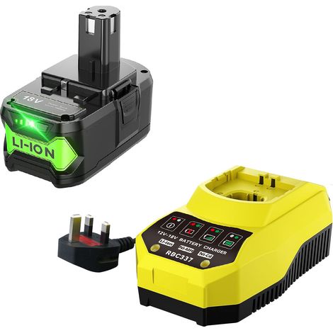 Ryobi 18 V P108 P102 9,0 Ah Ersatzakku und P117 Ladegerät, kompatibel mit Ryobi 18 V Akku-Werkzeugen P103 P104 P105 P107 P109 P190 P191 P122 (1/4)