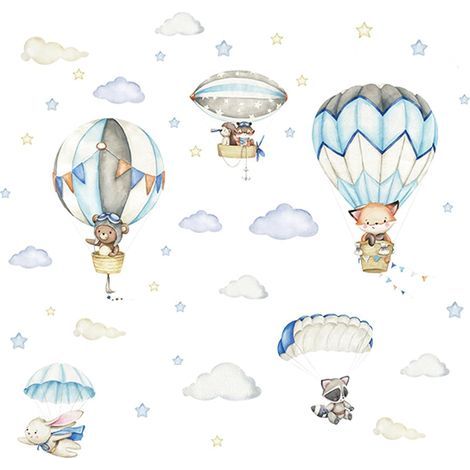 Set Animal Hot Air Balloon Wall Sticker Animals in Hot Air Balloon Wall Decals Hot Air Balloons Wall Stickers for Kids Room Baby Nursery Decor
