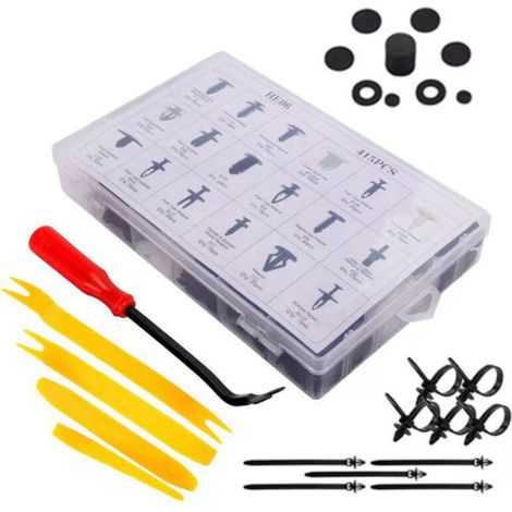 Kit universale di 415 clip di fissaggio in plastica ABS per paraurti e carrozzeria, set completo con strumento di rimozione.