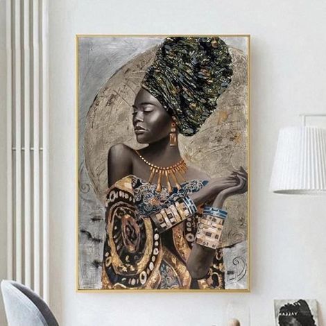 Tableau peinture à l'huile fille africaine moderne toile abstraite décoration murale de la maison- 40x50cm (sanscadre) (1/4)