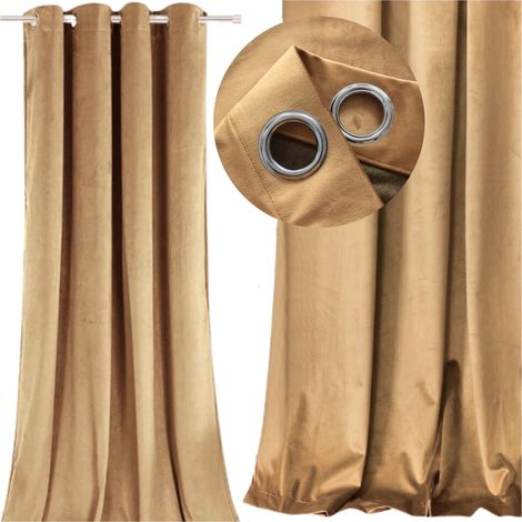 Cortina de terciopelo grueso con ojales beige y anillos opacos, lista (1/5)