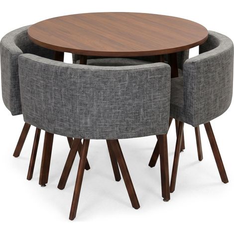 Table ronde et chaises Riga Chêne Foncé et Tissu Gris (1/5)