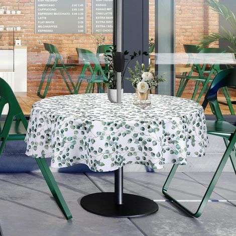 Nappe ronde pour table de jardin de 180 cm avec motif feuilles en polyester lavable avec trou pour parasol et fermeture éclair pour table de jardin, barbecues, réunions de famille, fête (1/5)