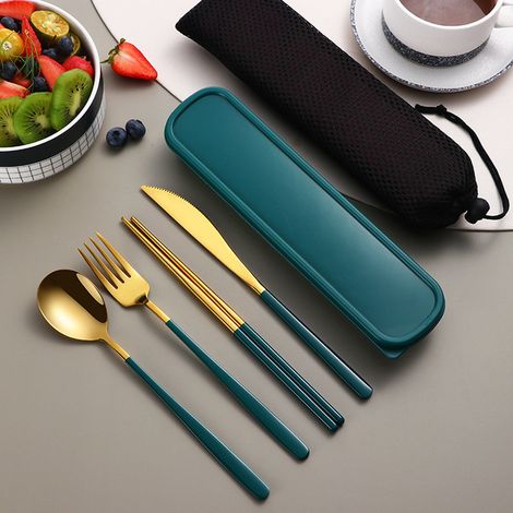(Vert Or) Ensemble de couverts portables en acier inoxydable 304, comprenant un couteau, une fourchette, une cuillère et un coffret de rangement (1/5)