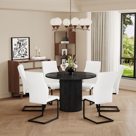 Ensemble table ronde 100 cm en MDF noir + 6 chaises blanches motif losange, pieds cylindriques & fixation Velcro – salle à manger (1/4)