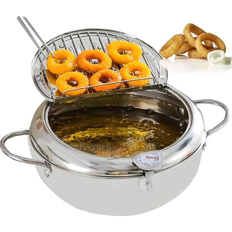 Friteuse Tempura de 3,4 L,avec Thermomètre,Petite Casserole en Acier Inoxydable avec Couvercle et égouttoir pour Frites,Crevettes,Poisson (1/5)
