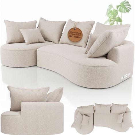 Divano Tirano con pouf e cuscini decorativi Crema Bouclé Sinistra Comodo divano con imbottitura in schiuma e anima boxspring (1/2)