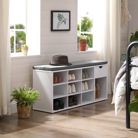 VASAGLE Custos Collezione - Panca Scarpiera con Cassetto e Scomparti Aperti, Scaffale Portascarpe, Seduta Imbottita, Ingresso Camera da Letto, 104 x 30,5 x 48 cm, Bianco Nuvola LHS024W01 (1/7)