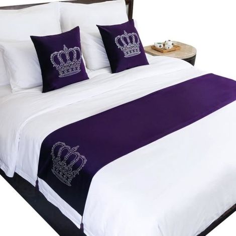 Motif Couronne Chemin de Lit Moderne Strass Velours Coureurs de Lit 45x180cm Violet Foncé (1/4)