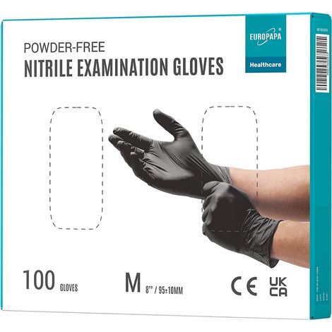 Lot de 100 gants jetables en nitrile sans poudre, sans latex, non stériles, sans latex, non stériles, sans latex, gloves disposibles (M, noir) (1/5)