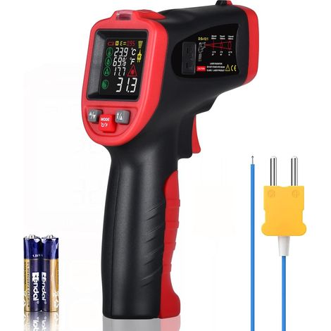 Infrarot-Thermometer -58 bis 650 °C, Taupunkt-/Schimmeldetektor, Laser-Temperatur- und Feuchtigkeitsmessgerät, Hygrometer, Pyrometer mit Thermoelement für Haushalt, Heizung/Klima/Lüftung, Schwarz