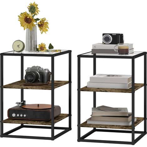 Lot de 2 tables d'appoint 3 niveaux avec plateau en verre trempé - 37 x 40 x 55,5 cm - Marron rustique