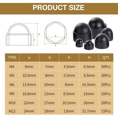 145 Pièces Cache Ecrou, M4 M5 M6 M8 M10 M12 Cache Boulon Noir Bouchon Ecrou Cache Tete de Vis Capuchon Ecrou, Hexagonal Protection Cache pour Écrous Vis Boulons (1/3)