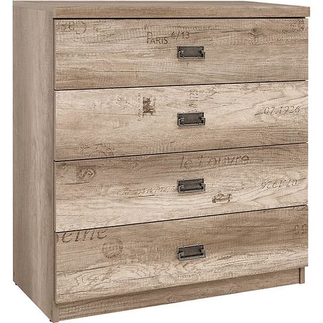 Commode à 4 tiroirs coulissantes coloris Chêne/Gris motif écriture - Longueur 80 x Profondeur 40 x Hauteur 87,5 cm (1/4)