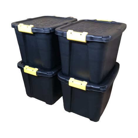 4 x 42L Heavy Duty Storage Tubs Sturdy, Lockable, Stackable and Nestable Design Storage Chests with Clips in Black (1/5)