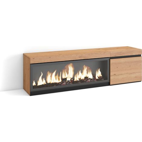 Skraut Home – Meuble TV avec cheminée électrique LED – Grand espace de rangement 158x35x45cm – Pour TV jusqu'à 65" – Style moderne chêne noir