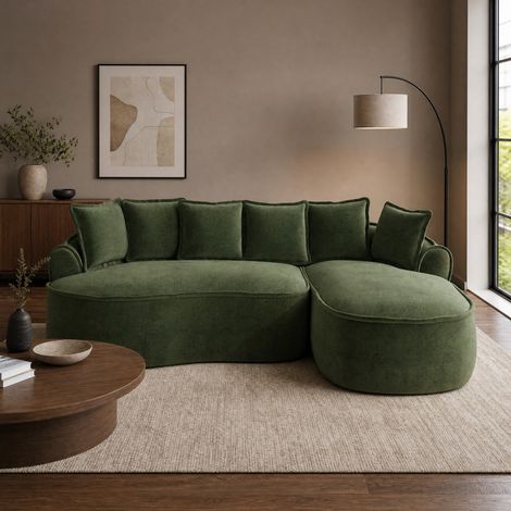 Canapé con chaise longue in chenille verde, senza montaggio, seduta profonda 122 cm (1/5)