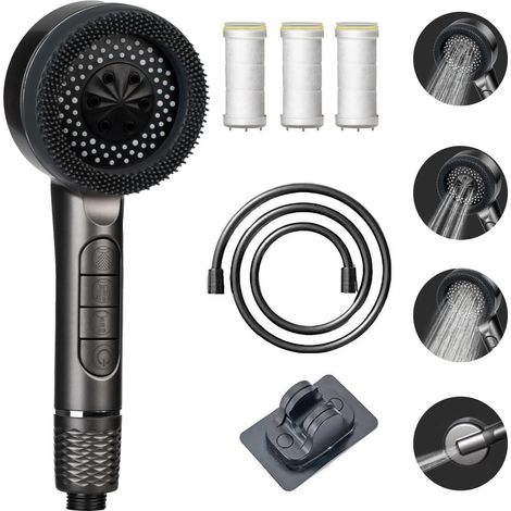 Pommeau de Douche Haute Pression, Pommeau Douche Anti Calcaire 4 Types de Jets Pommeau de Douche Economie Deau avec Tuyau Douche 1.5M et Support de Douche, avec Bouton D'arrêt D'eau, Gris (1/5)