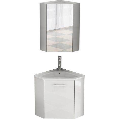 Conjunto de baño de esquina con lavabo y armario espejo blanco brillo MDF (1/5)