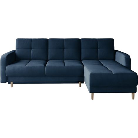 Canapé d'angle convertible et réversible tissu KINDO - Pieds bois clair-Bleu foncé (1/5)