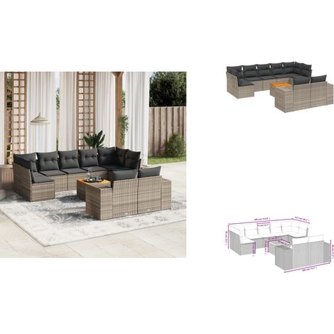 10-tlg. Garten-Sofagarnitur mit Kissen Grau Poly Rattan - Gartenmöbel Set - PE-Rattan Möbel - Outdoor Lounge - Esstisch - Gartenset (1/3)