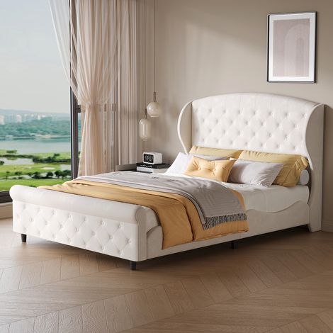Lit 140x200 cm avec sommier, lit double avec tête de lit capitonnée, cadre de lit à lattes en bois, pied de lit haut, velours beige