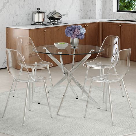 Ensemble table verre trempé 88 cm, en verre et plastique, transparent, pour maison et usage quotidien, parfait pour les petites salles à manger