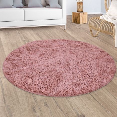 1 tapis poils longs, shaggy en fausse fourrure moelleux, marron rose lilas, 200 cm rond, salon chambre